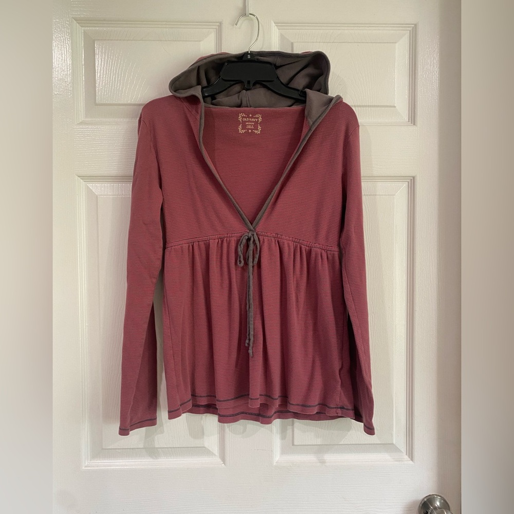 Old Navy Vintage M Babydoll Long Sleeve Top Y2K 90's Preppy Red Striped Hooded